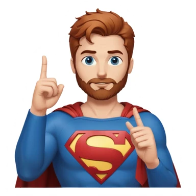 Adult-tall-full body- Superman-with redish brownish messy hair-full neatly trimmed beard-blue eyes-finger heart gesture sticker
