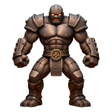 Cinematic Fierce Mighty Iron Golem Portrait Emoji Depicted mid-action in a dynamic, battle-ready stance, massive fists clenched, the ancient metallic plates along its form shifting with raw power. Its eyes blaze like molten fire within a carved, rune-etched face, exuding both divine purpose and mechanical precision. Weathered steel and dark bronze tones are accented by glowing, arcane inscriptions, each detail meticulously crafted with lifelike metallic reflections. High shine, imposing yet regal, styled with an air of indestructible might, soft glowing outline, capturing the essence of an unstoppable colossus that looks ready to charge forth with a thunderous step! sticker