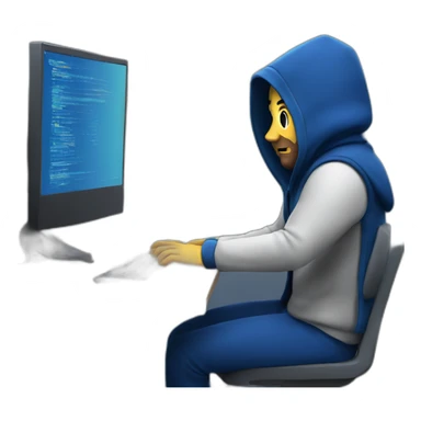 Adult Developer with a dark blue hood behind his computer and focus on his code  sticker