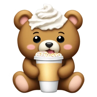 A fluffy teddy bear that is cream colored eating a croissant and a hot coco with whip cream and sprinkle  sticker