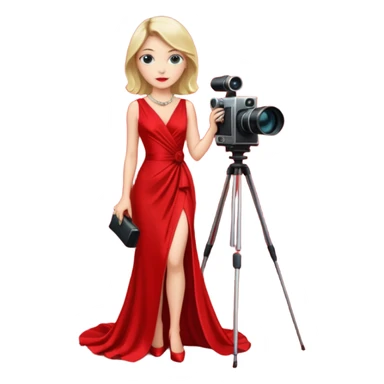 an actress standing on a red carpet with a formal dress, with only one movie camera on a tripod next to her. sticker