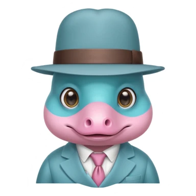 cute light blue turqiouse platypus head, mysterious with very big eyes with a detective hat and monocle on his eye, no  hands, looks like a platypus but blue, the hat and suit are pink sticker
