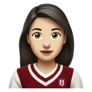Girl with dark brown hair and white skin wearing a crimson and white sweater with the black crimson and white Harvard University logo on it  sticker