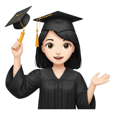 white girl with straight black hair, tossing graduation cap, black gown, happy expression sticker