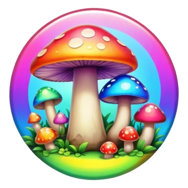 A round psychedelic colored button with bezeled edges and rainbow colored mushrooms sticker