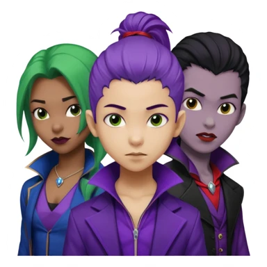 Solo poly platonic relationship, one African girl, one Asian boy, one biracial features Asian tomboy girl rat-tail hair long and upper masculine hair 90s, vampire and marvel cosplay elements inspired  use marvel colours, like instead of obvious human, green purple blue etc,  sticker