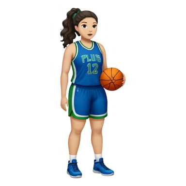 full body plus size light skin  latino women basketball player with wavy dark hair in pony tail wide nose wearing blue uniform with green accent sticker