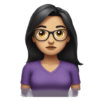 Angry scowling girl, purple shirt, long black hair, brown eyes, wearing glasses, with arms crossed over chest. sticker