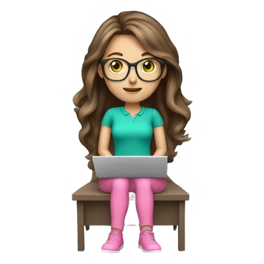 Female coding teacher with a laptop, with long brunette hair, green eyes, fair skin, teal eye glasses and a pink feminine shirt sticker