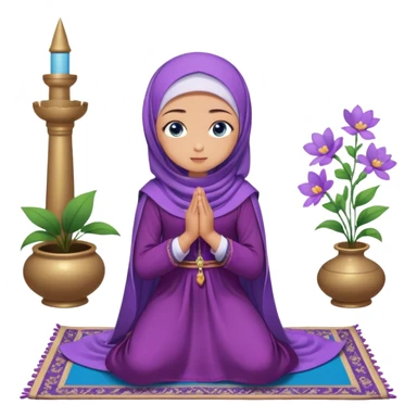 Turkish beautiful finish Konya girl blue eyes with purple flower hijab long tail dress and sits on the pray mat namaz on the ground with dua  sticker