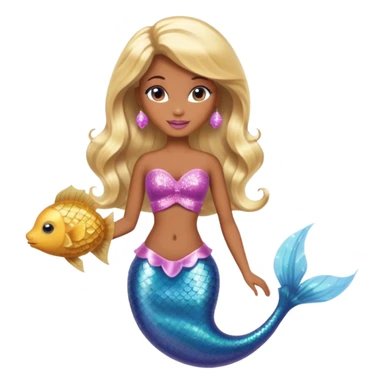 Brown skin blonde hair barbie mermaid with glitter tail  with pufferfish sticker