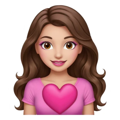 girl with long wavy brown hair, brown eyes, long lashes makeup, sexy pink lips, light to medium complexion, wearing a pink sexy top, smiling, holding a big heart sticker