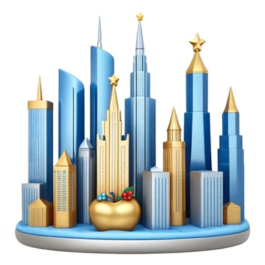 3D emoji of Moscow City business district skyline. A cluster of stylized skyscrapers with different shapes (gold, blue, silver). Decorated with tiny glowing Christmas lights. Soft 3D render, clay and glass textures, Apple aesthetic, isolated on a white background. sticker