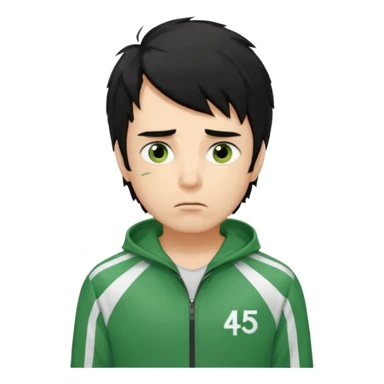 squid game player 456
Hair: Messy, medium-length black hair 🖤💇‍♂️
Face: Tired eyes, often anxious or nervous look 😟👀
Clothes: Green tracksuit with white stripes 🟢👟 (number 456 on his chest)


 sticker