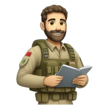 pale brown bearded israeli IDF soldier happy holding notebook and pen and stationary sticker