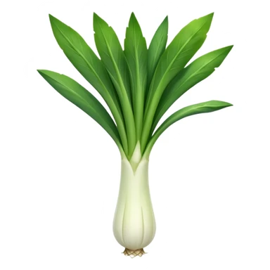 whole leek, long white stalk fading to green leaves, open and layered, slightly curved, fine roots at base, clean and crisp, 3D clean style, transparent background sticker