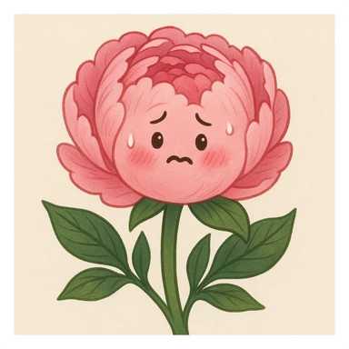 pink peony flower with a round body, blushing cheeks, nervous expression sticker