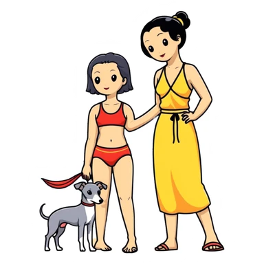 Slim Chinese woman with long black hair in beach attire at the beach with her Italian greyhound that is COMPLETELY solid grey, with absolutely NO white markings on face, snout, or anywhere else, single uniform grey color throughout entire dog body sticker