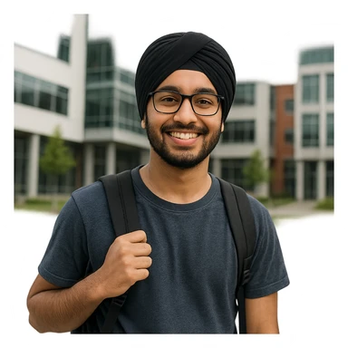 university sikh boy with backpack and glasses, modern campus background, smiling sticker