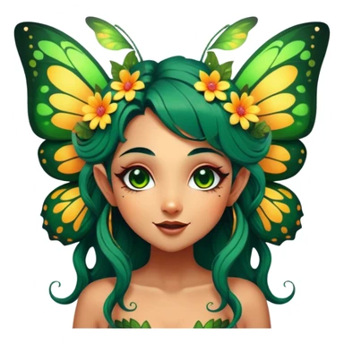 Cinematic Realistic Forest Fairy Portrait, head tilted dramatically with an exaggeratedly amused expression, featuring a striking, nature-infused form with glowing, sun-kissed tanned skin and vividly detailed dark green hair adorned with floral accents. Her expressive eyes brim with playful forest mischief, rendered with vibrant, lifelike textures and dynamic dappled lighting that conveys a spirited, over‐the‐top woodland whimsy showing her large butterfly wings from her back. sticker