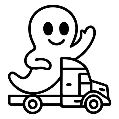 Make Casper the ghost much larger compared to the white semi truck in outlined icon style, keep transparent background. sticker