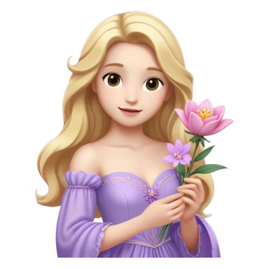 Cinematic Realistic Rapunzel Portrait, with porcelain-like skin featuring a subtle, natural glow, illuminated by soft lighting that brings out the gentle contours of her face. Her long, golden blonde hair cascades in detailed waves, each strand highlighted with a radiant shimmer as it catches the light. She playfully holds a flower in one hand, her other hand resting casually in her lap, with a warm and spirited expression. Her bright, expressive green eyes exude curiosity and warmth, framed by delicate lashes and soft, arched brows. She is dressed in her classic lavender and pink gown, the fabric textured with delicate folds that flow naturally, catching the light with a soft, radiant glow. The portrait captures a luminous, enchanting aura, seamlessly blending realism with a whimsical, fairytale charm, evoking a timeless sense of beauty and magic. sticker