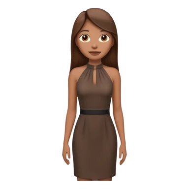 emoji-style illustration of a stylish woman with long straight brown hair, wearing a dark halter neck dress, elegant and minimalistic look, front-facing, soft 3D cartoon rendering, plain background sticker
