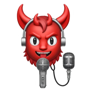 Minimalist emoji-style sticker of a classic retro microphone with small devil horns and a subtle tail wrapping the base. Grayscale with slight red accents.
 sticker