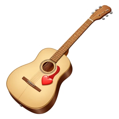 “Flat vector icon of a Cuban tres guitar in three-quarter view, warm brown, thick outline, centered on a warm cream or beige rounded-square (or circle); near the soundboard add a small red or pink heart with a soft glow and 2–3 tiny sparkles to suggest ‘soul’.  sticker