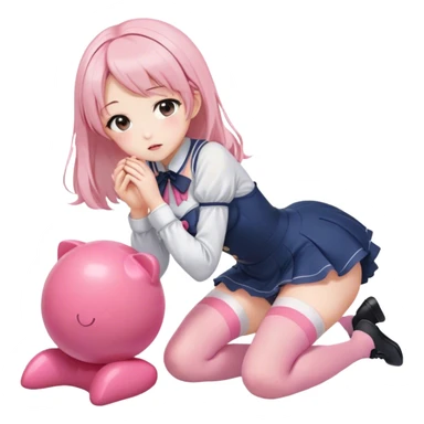 Anime girl in thigh-high stockings, kneeling on the floor while gently kissing a pink object she holds in both hands. Her expression is soft and affectionate, with a slight blush on her cheeks. well-proportioned legs for a polished look sticker