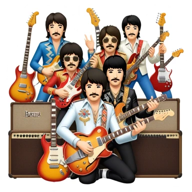 Rock music icon: dynamic collage of global rock legends like The Beatles, Jimi Hendrix, Elvis Presley, Led Zeppelin, Queen, and Nirvana, surrounded by guitars, amplifiers, and stage lights. Symbolizing the energy and power of rock music. Transparent background. sticker