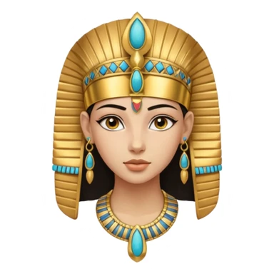 An emoji portrait of a young ancient Egyptian princess. She wears a broad gold collar necklace and a detailed nemes headdress. Her expression is serene and poised. sticker