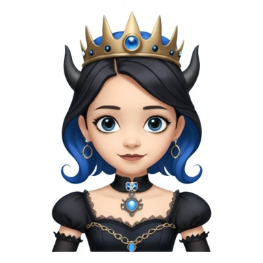 Tight fitting relaxed dressed, Holey and worn black evening gown with see-through wispy black gloves, holding arms-crossed in front smiling cute pose witchy mysterious Jenna Ortega as student Addams woman wearing a steampunk style mini tiara, very large blue evil-looking horned old evil eyes  sticker