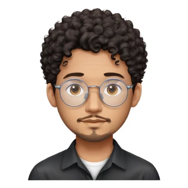 Man with oval-shaped face, large oval metallic glasses, dark curly short hair with high fade, light brown complexion, gentle expression, black button-up shirt sticker