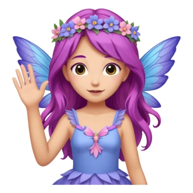 Tan female fairy, long purple hair, flowers on head, large pastel pink blue and purple wings, wearing a, pastel pink dress, Waving with one hand sticker