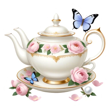 A luxurious Victorian tea set with gold accents, featuring a porcelain teacup filled with herbal tea, surrounded by scattered blush pink rose petals and white peony blossoms, with a periwinkle-tinted pearl butterfly perched on the rim. sticker
