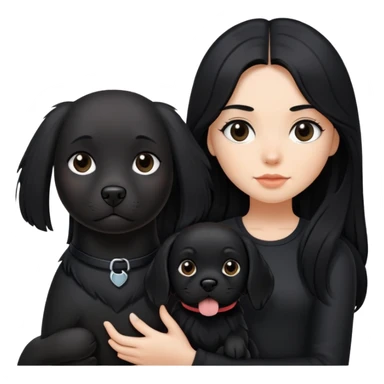 A girl with long black hair wearing black clothes holding a black dog in one hand sticker
