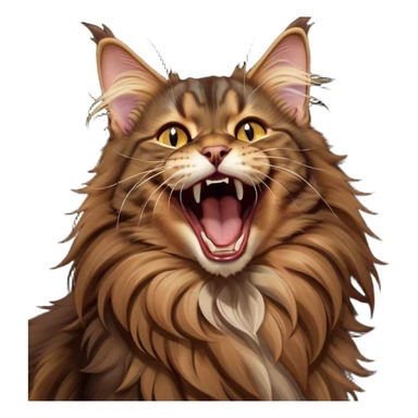 Cinematic Cute Brown Maine Coon Cat Portrait Emoji, Head tilted playfully while yawning exaggeratedly, sleek brown and black fur with a majestic mane, Simplified yet hilariously adorable features, highly detailed, glowing with a warm, confident glow, high shine, mischievous yet lazy, stylized with a touch of playful whimsy, bright and endearing with a comical, yawning expression, soft glowing outline, capturing the essence of a quirky yet loving and lazy kitty, so meme-worthy it feels like it could stretch out of the screen and demand attention in the most dramatic way! sticker