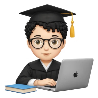 A baby boy DEVELOPER WITH A laptop, black curly hair and topknot, wearing glasses and a mortarboard sticker