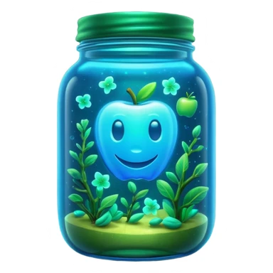 3D render of Firefly Jar, bioluminescent deep sea style, glowing neon blue and green lights, dark background to contrast the glow, translucent organic textures, Apple emoji style. sticker