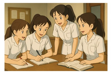 Quatre étudiants infirmiers, style Ghibli, en intérieur, travaillant ensemble. Uniformes blancs à manches courtes, tuniques col en V, poche poitrine à gauche, avant-bras nus, sans stéthoscopes ni pied de col, cheveux longs attachés. Interaction et collaboration évidentes, ambiance professionnelle et amicale. sticker