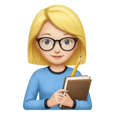 A smart and cute girl with yellow bobbed hair, wearing sky blue clothes,
I hold a book in one arm. There is a pen in the book.
He is wearing black-rimmed glasses and smiling brightly. sticker