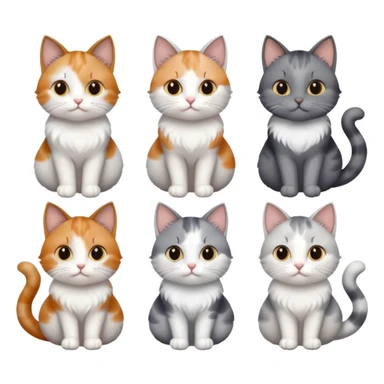 6 realistic looking cats with different natural coloured coats, assorted grey and white, greys, calico, brown and white colours etc
 sticker