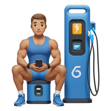 A naked man with bulging muscles sits in a thoughtful pose at a Bluetti charging station. sticker