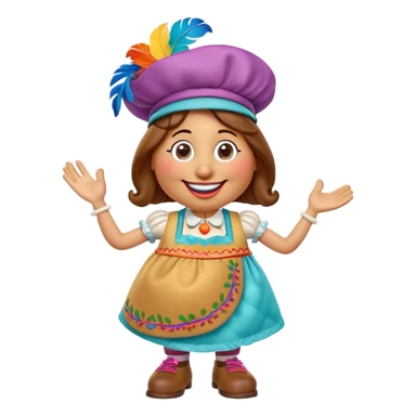 Create a 3D Pixar-style Mrs. Potato Head character with a rounded, slightly uneven shape, expressive eyes, a wide smile, and cartoonish limbs, dressed in a colorful apron with intricate embroidery, a vibrant hat adorned with a feather sticker