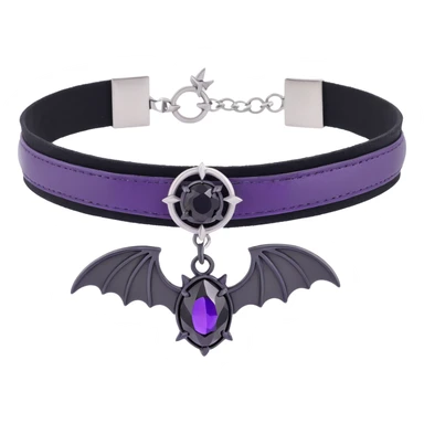 gothic choker with deep purple satin band, silver bat charm, black gemstone centerpiece, luxurious and gothic style sticker
