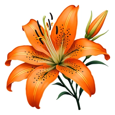 Japanese style tiger lily (oniyuri) flower in ukiyo-e inspired design, bright orange petals with distinctive black spots, curved-back petals, traditional composition like in Japanese woodblock prints sticker
