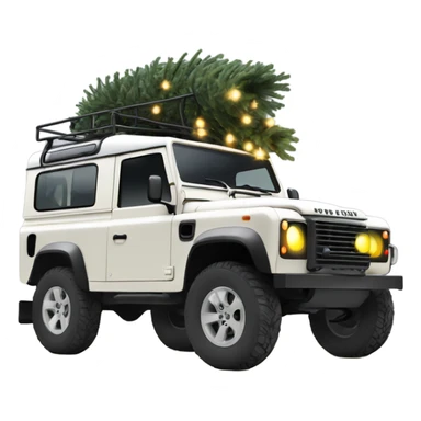 Off white old defender jeep with Christmas tree on the roof with Christmas lights, very small yellow lights  sticker