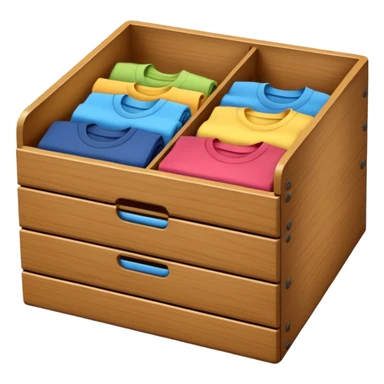 wooden storage box with folded clothes organized in compartments emoji style sticker