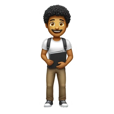 Homem sorrindo com notebook as pernas não devem aparecer, cabelo crespo e preto pequeno sem pelo facial estilo cartoon 3d jovem sticker